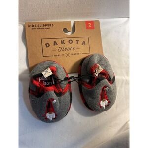 Dakota Fleece Kids Slippers Size 2 Gray Red Buffalo Plaid‎ Gnome Memory Foam